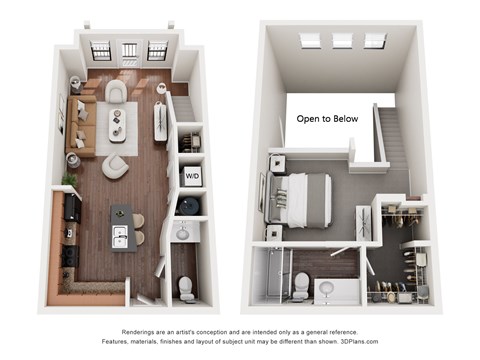 Floor plan for 1 bed, 1.5 baths, 864 sqft